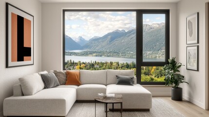 Modern Living Room with Scenic View of Mountains and Lake
