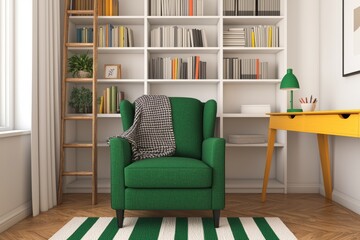 Cozy living space with green chair and modern bookshelf decor