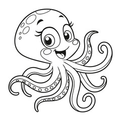 Smiling Cartoon Octopus in an Ocean Scene Coloring Page for Kids