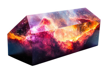 A cosmic nebula trapped inside a prism vibrant reds oranges and purples swirling within a on transparent background