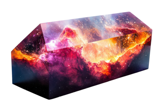 A cosmic nebula trapped inside a prism vibrant reds oranges and purples swirling within a on transparent background