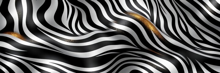 Abstract zebra pattern with gold accents. Modern, luxurious design perfect for backgrounds or decorative themes.