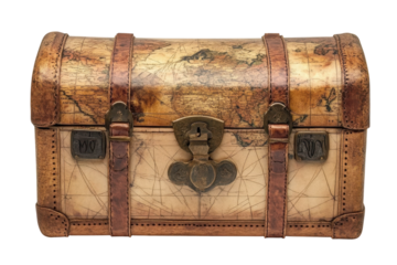 Antique world map leather treasure chest vintage travel trunk aged brown leather brass clasp on transparent background