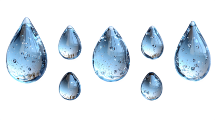realistic water droplets in various sizes, clear and shiny, isolated on white background