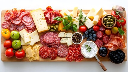 Fototapeta premium Beautifully Crafted Charcuterie Board Featuring a Delectable Assortment of Premium Meats Artisanal Cheeses and Expertly Curated Gourmet Garnishes for an Indulgent Culinary Experience
