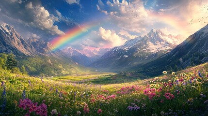 Vibrant meadow nestled within majestic mountains crowned by an ethereal rainbow