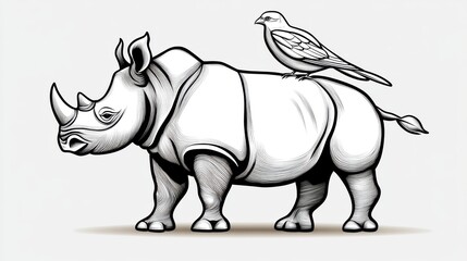 Fototapeta premium Artistic black and white line drawing of a detailed rhinoceros with an added bird perched on its back in a minimalist illustrative style perfect for wildlife education and creative projects