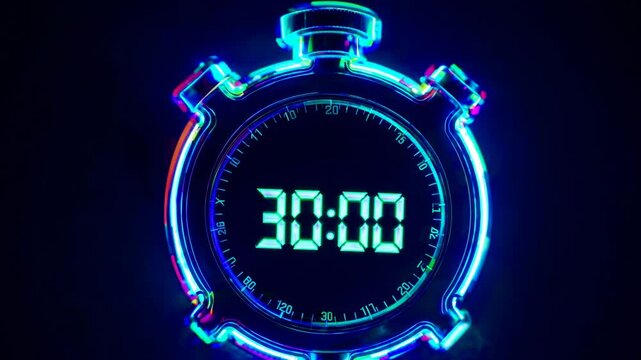 Digital neon stopwatch counting down in vibrant glowing colors on a dark background