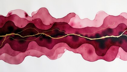 Vibrant Watercolor Painting: Pink, Purple Waves with Gold Accents on White Background. A watercolor painting of a wavy pattern with gold lines.