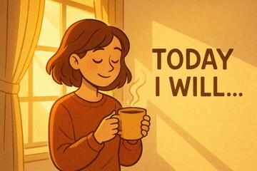 A Moment of Serenity: A woman finds peace in a quiet morning moment, sipping coffee, embracing the day with positivity and a sense of purpose.