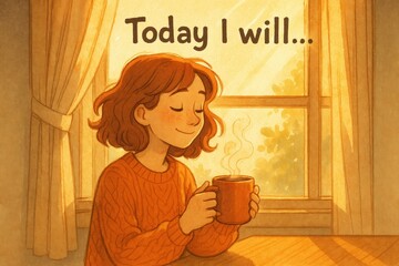 A Moment of Tranquility: A warm illustration shows a young person embracing the day with a serene smile. Holding a cup of coffee while enjoying the gentle sunlight.
