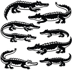 Seven black-and-white cartoon crocodiles in various poses, mostly fully shaded, with spiky backs and exaggerated features like large eyes and open mouths.