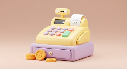 Cash Register with Coins Pastel Colors 3d Render
