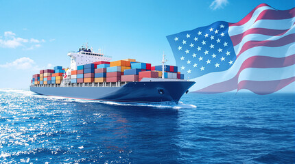 Fototapeta premium A cargo ship with containers moves along the ocean against the background of the American flag in the sky — a concept of international shipping, logistics and trade