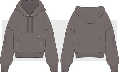 Oversized basic pullover hoodie with zipper pocket. Fashion technical drawing, illustration, vector. Front and back view. Unisex casual clothing, Cad, Mockup. © gulsenbozkurt
