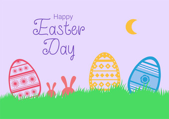 Easter colorful eggs with bunny in grass