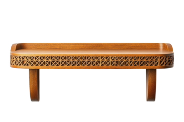 Elegant carved wooden wall shelf with intricate geometric design rich warm tones against black on transparent background