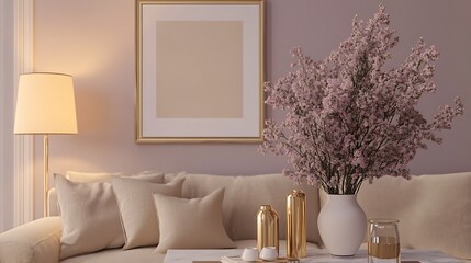 A luxury modern living room featuring jade green velvet furniture with mustard gold accents, ambient lighting creating warm shadows, minimalistic decor with brass and marble elements,