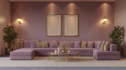 A luxurious velvet lounge in deep plum, accented with goldenrod cushions and brass decor, soft candlelight casting warm shadows, art deco patterns in the background.