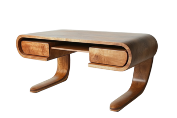 Elegant curved wooden desk with two drawers sleek design rich brown tones perfect for modern on transparent background