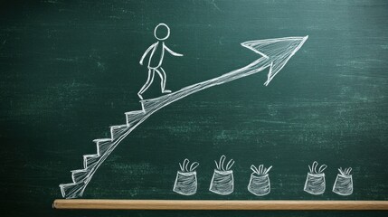 Growth, progress, and success represented by a figure climbing a stairway shaped like a rising graph, with seeds or investments as the foundation