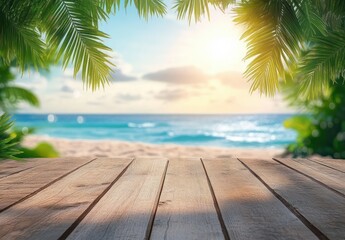 Wooden deck on tropical beach with blue ocean and white sand under golden sunlight
