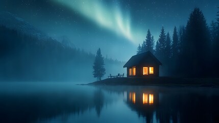 Fototapeta premium Cozy Lakeside Lodge Tucked Away in the Wilderness Framed by the Breathtaking Glow of the Northern Lights Illuminating the Night Sky