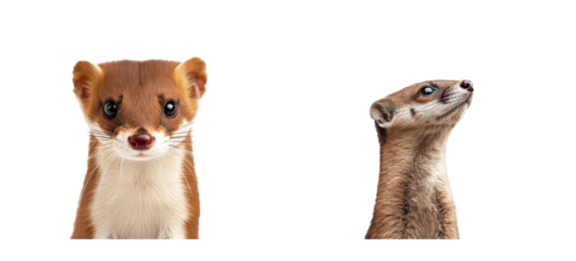 Two weasels different, close-up portrait adorable, cut out transparent