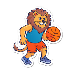 Cartoon lion playing basketball in sports uniform