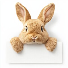 Obraz premium Cute Brown Rabbit Peeking Over a Blank White Sign Canvas Surface