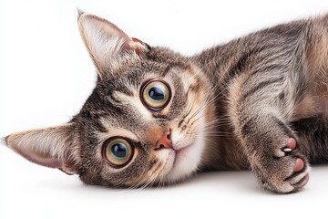 Cute Grey Cat Relaxing on White Background with Big Green Eyes