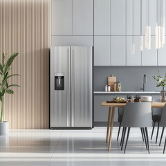 Modern Kitchen with Stainless Steel Refrigerator and Dining Area