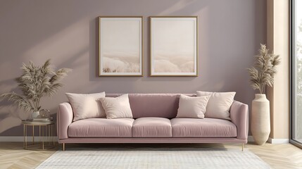 A minimalist living room with charcoal gray walls and coral pink velvet sofa, natural light from tall windows casting soft highlights, geometric rug and modern art on the wall, upscale and serene.