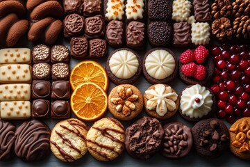 Christmas cookies and sweets arranged in a festive frame on white wooden background holiday baking assortment top view