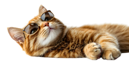 Orange tabby cat with sunglasses, looking upward playfully, isolated on white background