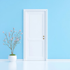 Elegant White Door with Blooming Tree Against Soft Blue Wall