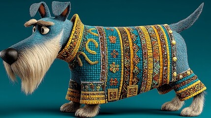 A blue and white dog wearing a patterned sweater stands against a teal background. The dog is depicted in a pixelated or blocky style, giving it a unique texture and look.  The image has a playful