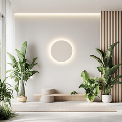 Modern Minimalist Living Room with Elegant Plants and Round Mirror