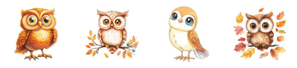 Naklejka premium Owl group, owl collection, owl illustration, owl autumn, cut out transparent