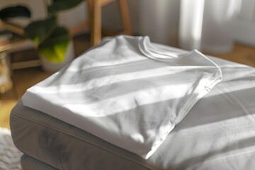 Sunlight Illuminates a Folded White T-Shirt Resting on a Gray Couch, Creating a Serene and Minimalist Home Atmosphere.  Relaxing and Simple Lifestyle Shot.