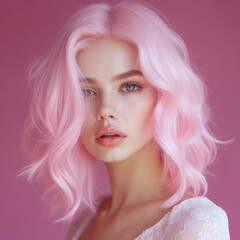 Fototapeta premium A woman with pink hair and blue eyes is posing for a picture