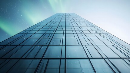 Futuristic glass skyscraper reflecting the swirling green and blue auroras in the dramatic night sky creating a mesmerizing and captivating scene of modern architecture and natural wonder