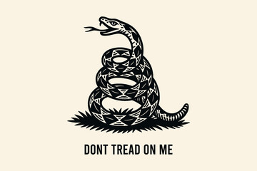 Engraved rattlesnake with “Don't Tread On Me” in vintage style vector illustration, emblem, logo