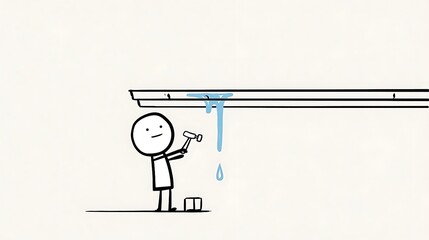 Person Repairing Leaky Roof: Simple Line Art Illustration