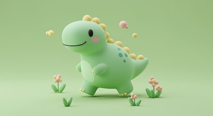 Obraz premium Green Dinosaur with Flower