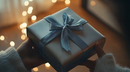 Elegant gift presentation held in gentle hands with bokeh backdrop