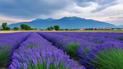 Obraz premium Rolling lavender fields stretch to horizon under dramatic cloudy sky, with majestic mountain range in background. vibrant purple hues create serene and picturesque scene
