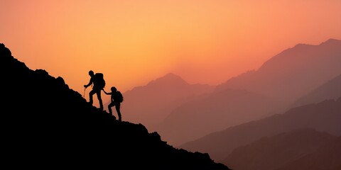 Hikers ascend a mountain at sunrise