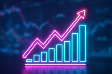 A vibrant neon graph depicting growth and upward trends in financial data, symbolizing success and progress in business metrics.