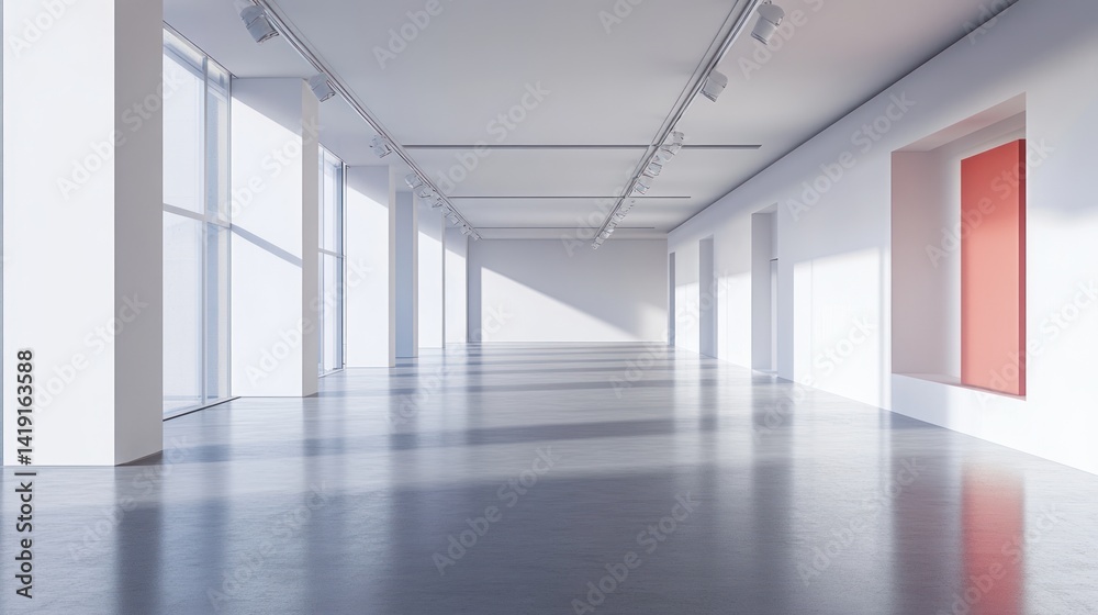 Poster modern, bright, empty gallery space with large windows